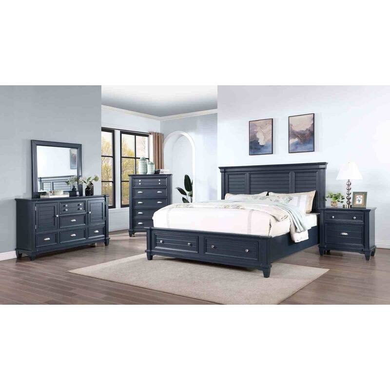 Slate Blue Finish Transitioanl Bedroom Set with Drawers Bed