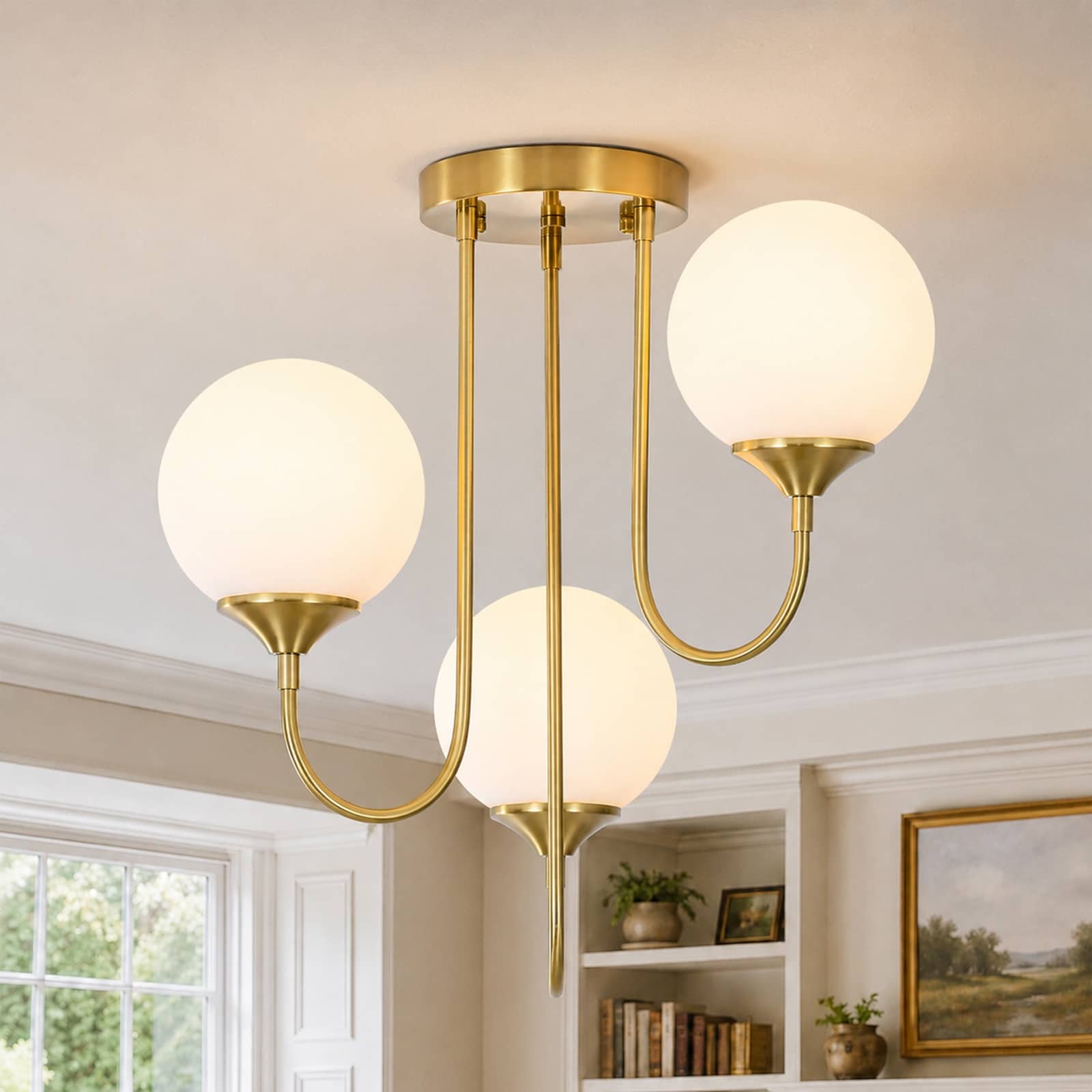 Rennnsan 3-Light Modern Gold Opal Glass Globe Flush Mount Ceiling Light for Entryway - 16.5 in. W x 18.5 in.H