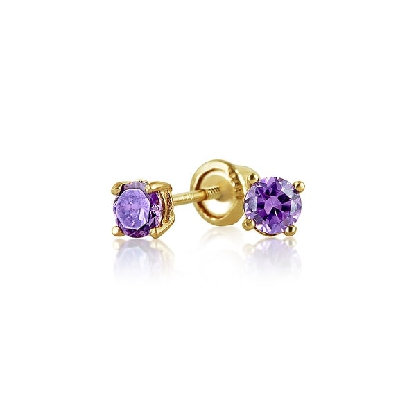 Tiny Cubic Zirconia Purple Imitation Amethyst CZ Round Solitaire Stud Earrings Real 14K Yellow Gold Screwback