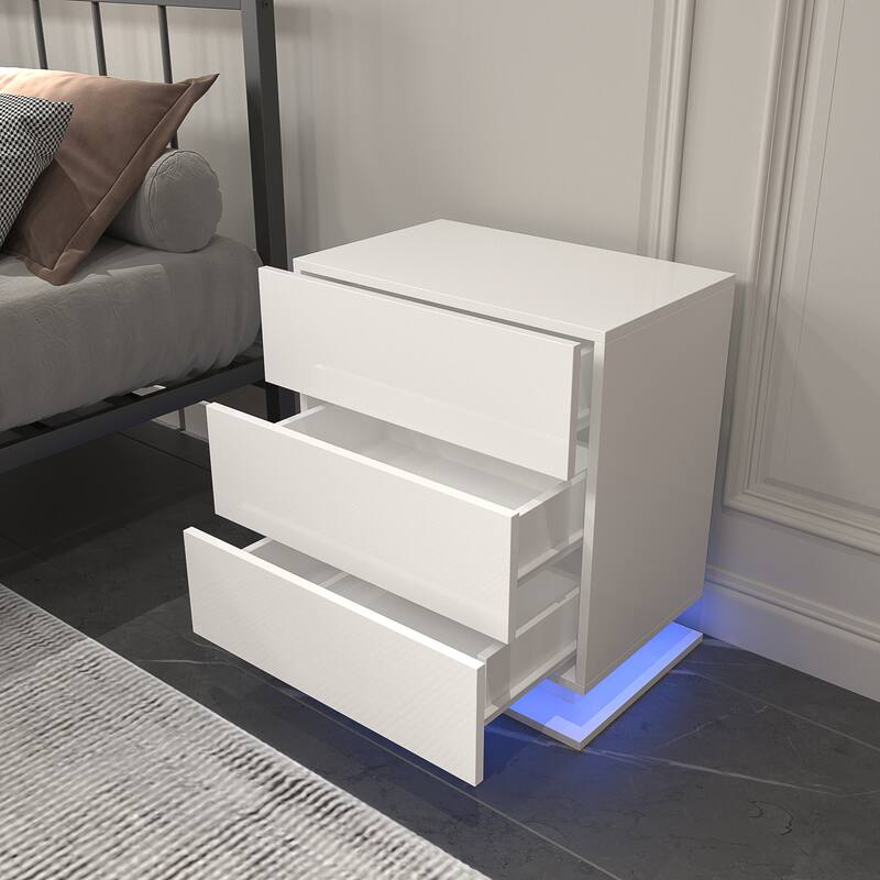 LED Nightstand with 3 Drawers Modern End Side Bedside Table
