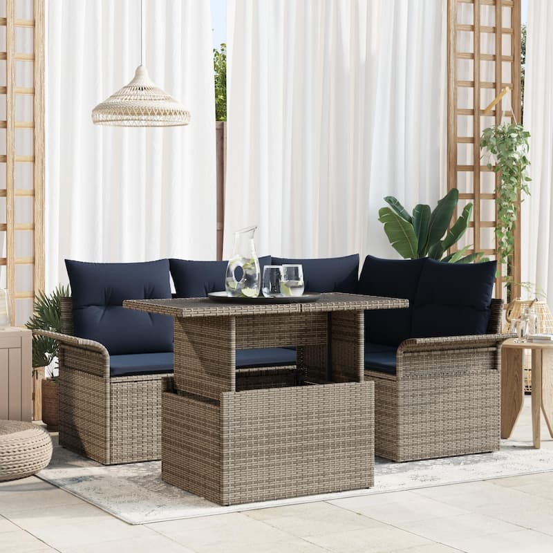 vidaXL 5 Garden Sofa Set with Cushions Brown/Grey Poly Rattan - 73.8 x 52.2 x 27.2 - Grey