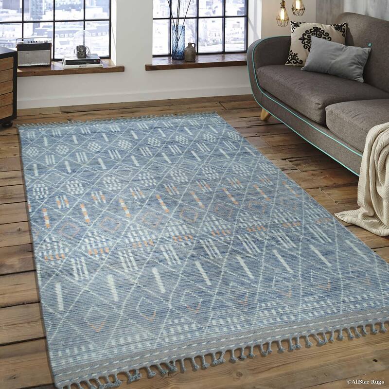 Home Decor Blue Hand-Knotted Wool Contemporary Marrakech Handspun Area Rug Stylish and Elegant Rug for Living Room, Bedroom, Off