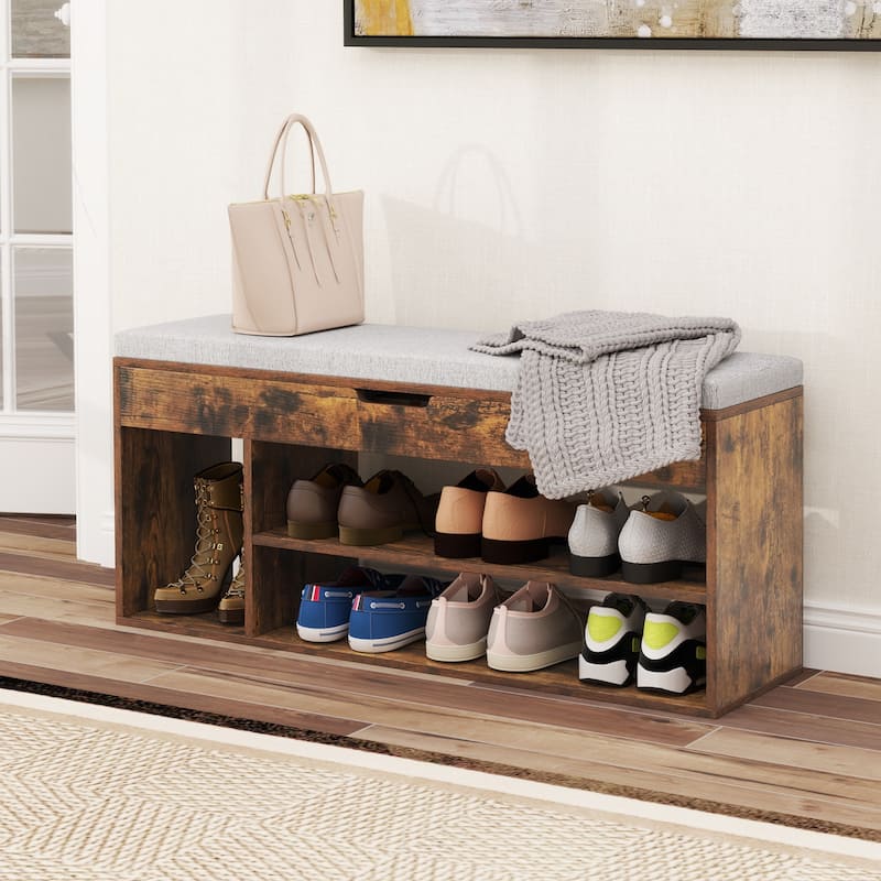 Gymax Shoe Bench Home Entryway Shoes Storage Bench w/ Padded Seat &