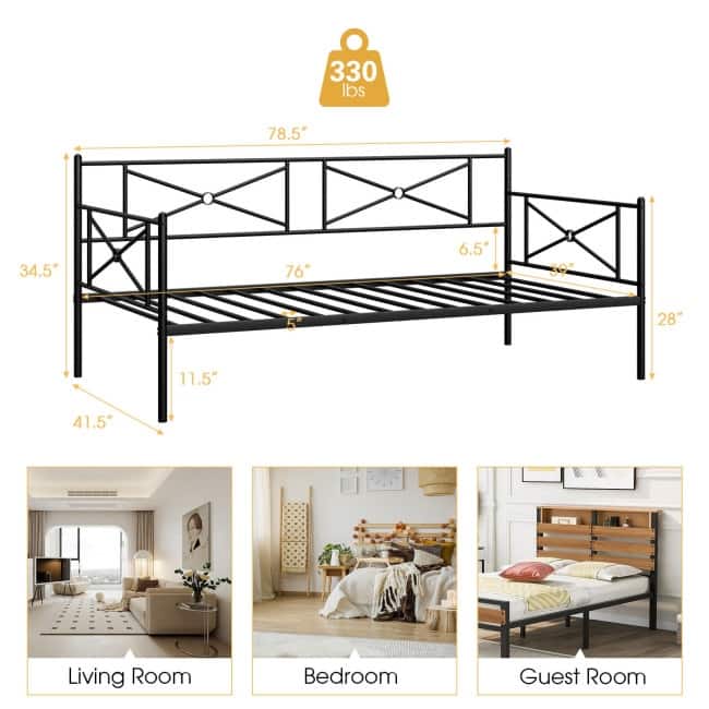 Metal Daybed Twin Bed Frame Stable Steel Slats Sofa Bed
