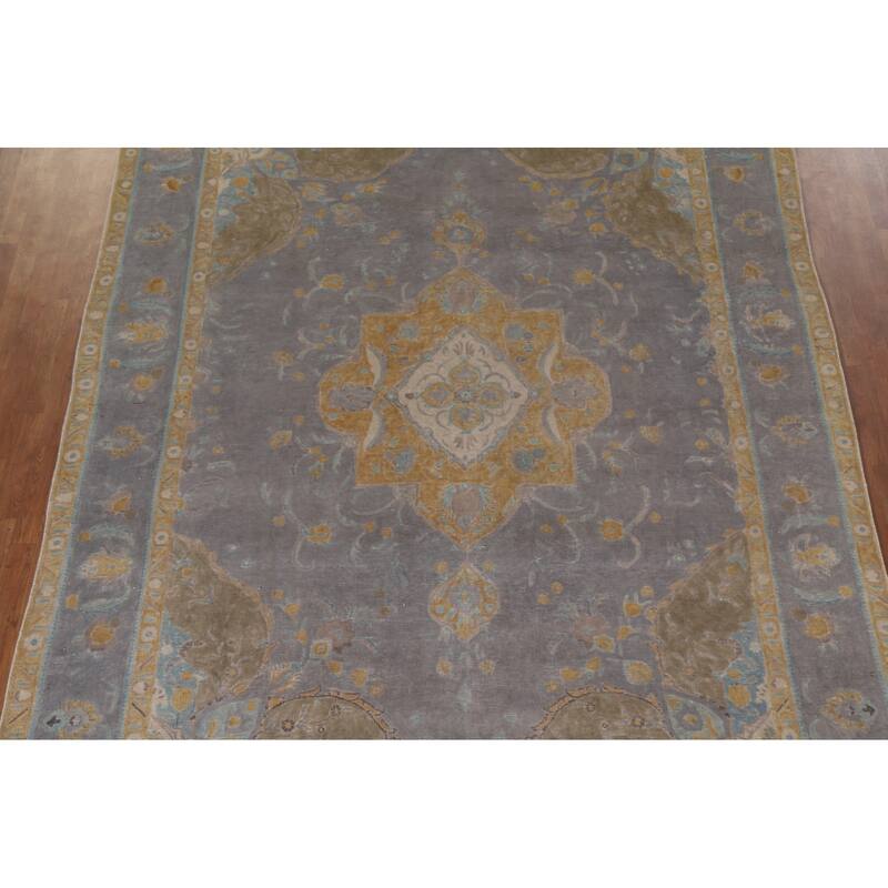 Hand Knotted Oriental 100% Wool Carpet Traditional Floral Greys & Charcoal Tabriz Area Rug - 12' 8'' X 9' 3''