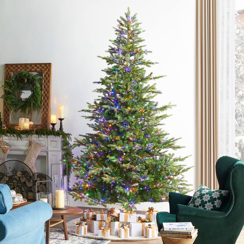 Glitzhome 7.5ft/9ft Pre-Lit Full Fir Artificial Christmas Tree w/Foot Pedal & Remote Control Simple Setup - 9FT