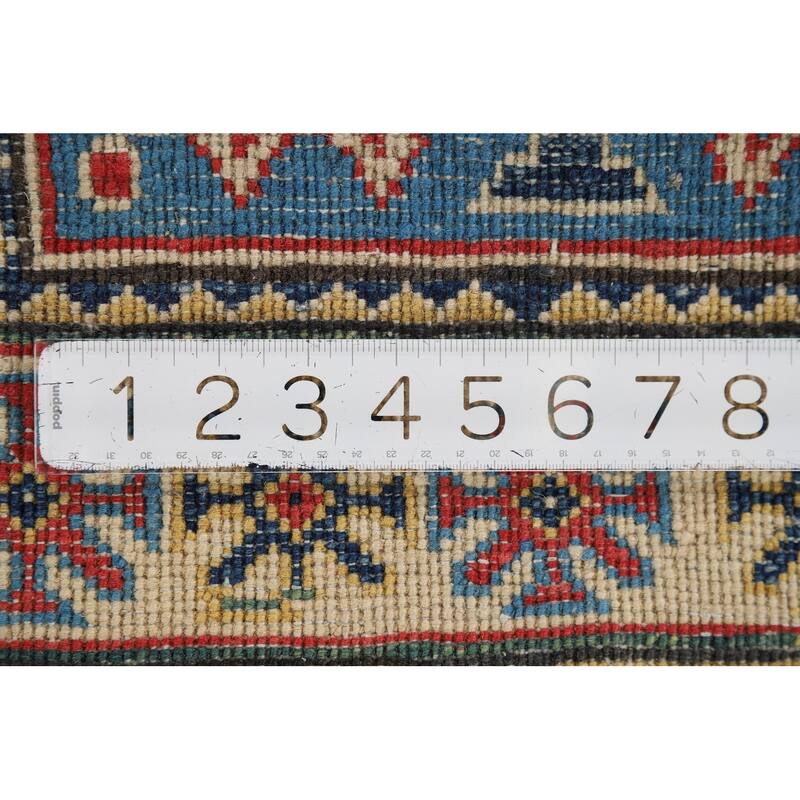 Blue Geometric Kazak Rug Hand-Knotted Oriental Wool Carpet - 2'0" x 2'11"