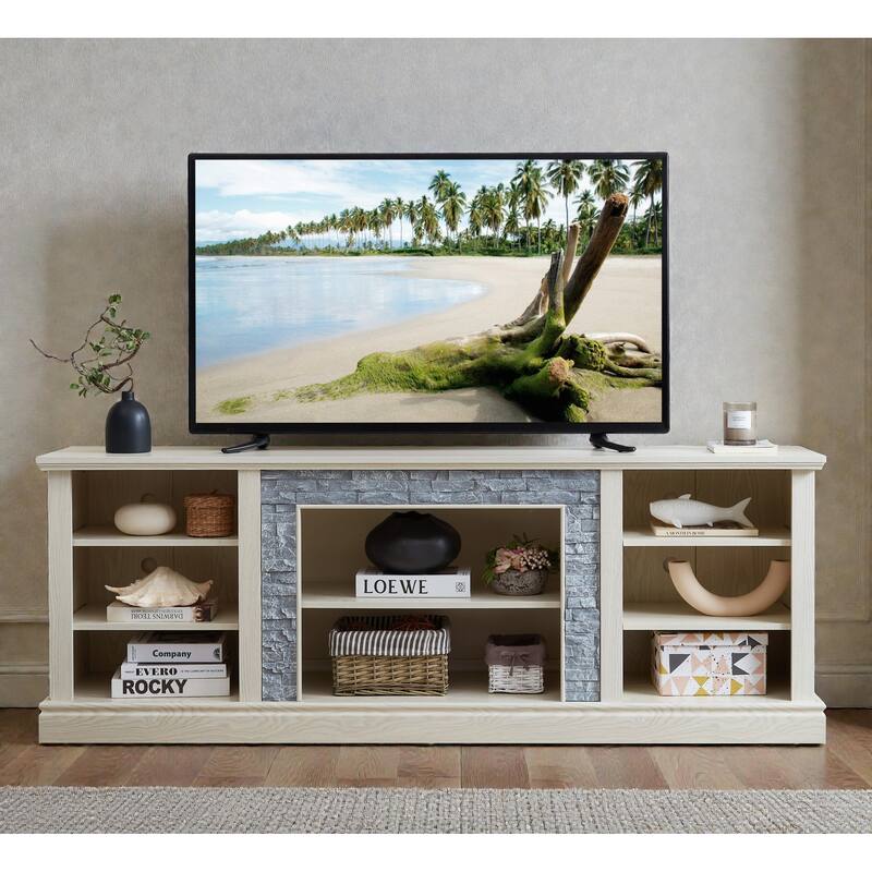 70 Inch TV Stand for TVs up to 75 Inch, Media Console with Faux Stacked Stone Surround, Storage Cabinet & Cable Management - White