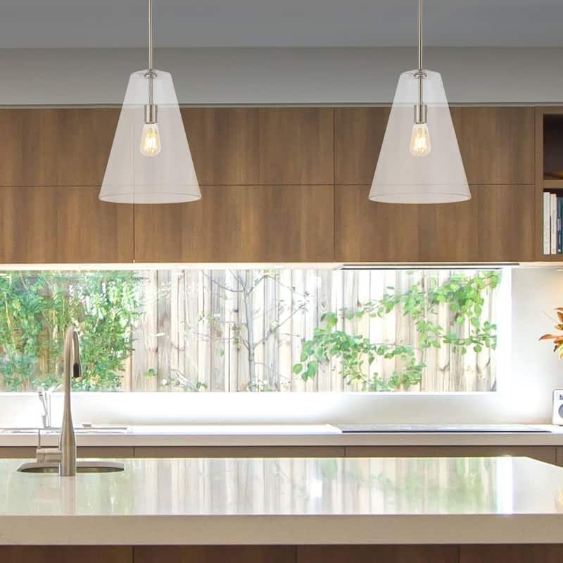 Hayes 11.5" 1-Light Mid-Century Modern Iron/Seeded Glass LED Pendant, Nickel/Clear by JONATHAN Y