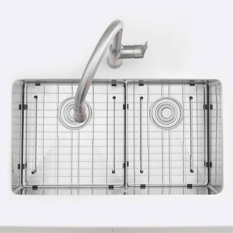 STYLISH 32 L inches x 18 W inches Stainless Steel Double Basin Low Divider Undermount Kitchen Sink with Grids and Strainers