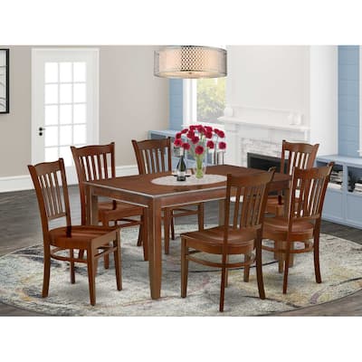 HomeStock 7-Piece Rectangle Mahogany Finish Solid Wood Top Dining Table with 6-Chairs with Lattice Back