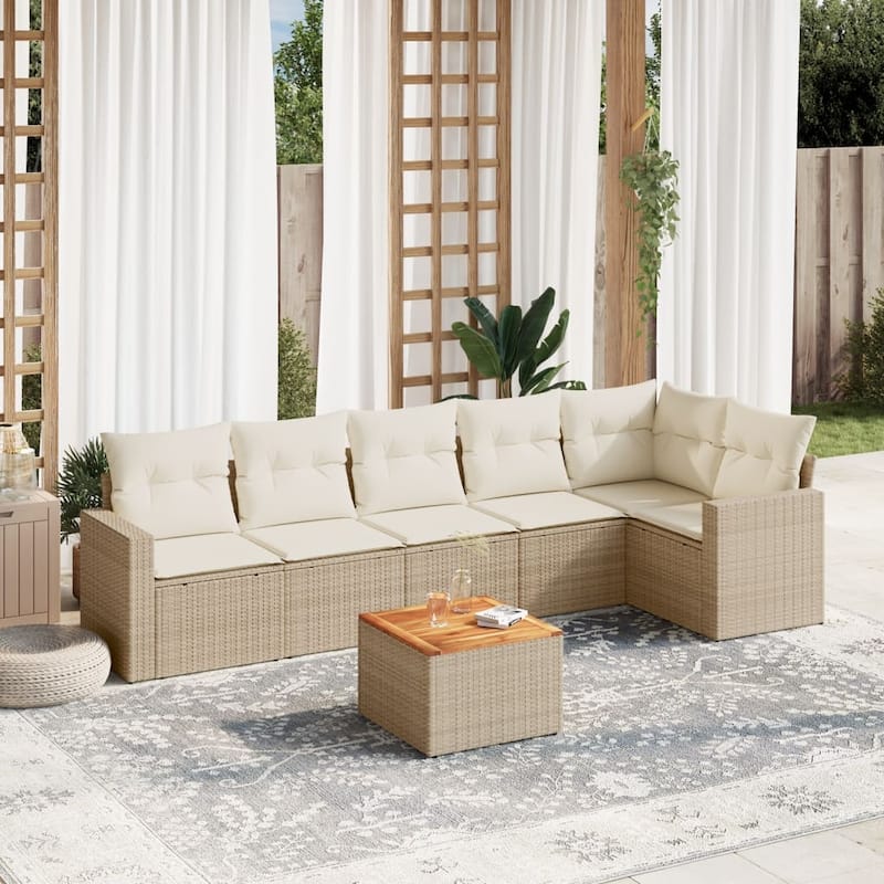 vidaXL Patio Sofa Set with Cushions Outdoor Furniture 7 Piece Poly Rattan - 21.7 x 21.7 x 14.6 - Beige