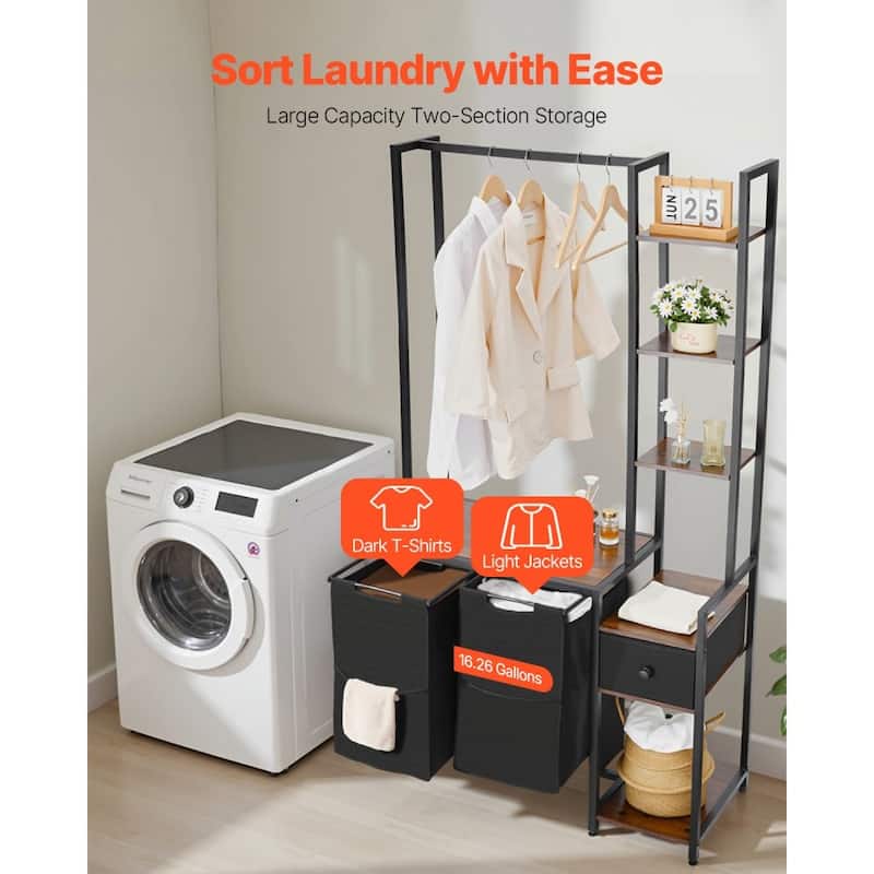 3-Tier Laundry Sorter with Rack Tall Laundry Hamper with Shelves 2 Section - 37.01 x 15.35 x 66.14 in