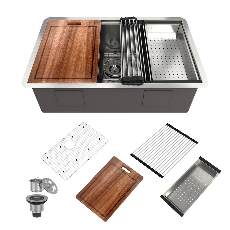 Undermount Single Bowl 18 Gauge Brushed Stainless Steel Workstation Kitchen Sink with Sliding-Accessories