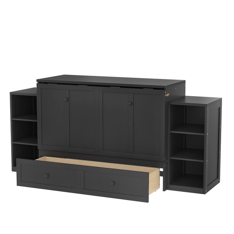 Roomfitters Murphy Bed with Storage Drawers and Shelves, Solid Wood Wall Bed Cabinet