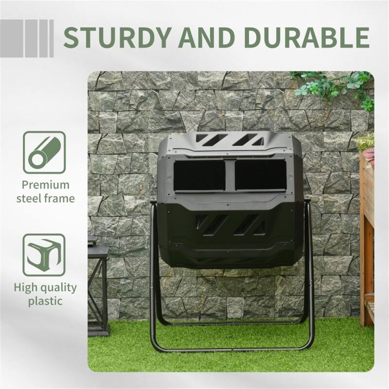 Black Dual-Chamber Compost Tumbler 42 Gallon 360 Degree Rotating Kitchen and Garden Waste Bin with Gloves