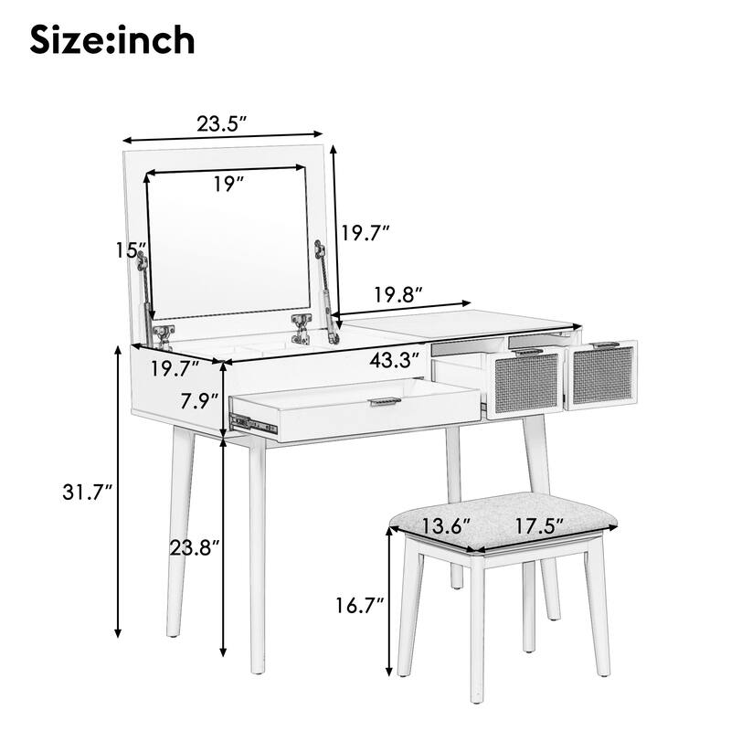 43.3" Classic Wood Makeup Vanity Set with Flip-top Mirror and Stool