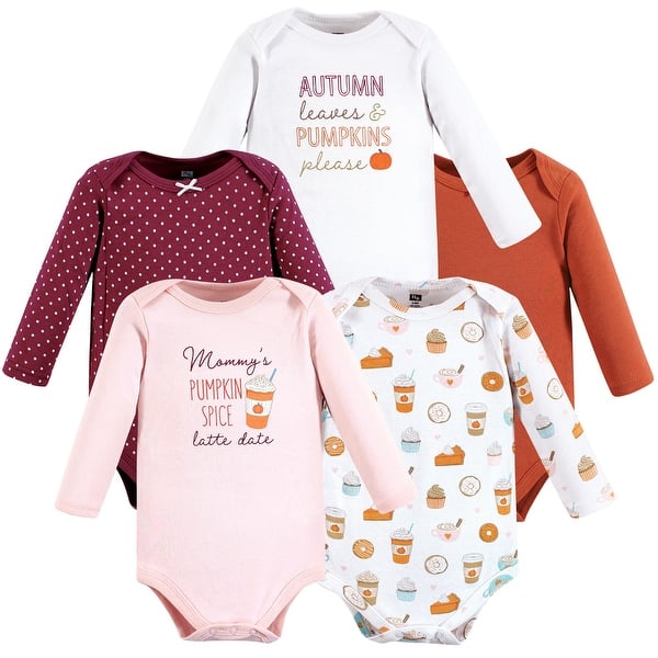 slide 1 of 1, Hudson Baby Infant Girl Cotton Long-Sleeve Bodysuits, Pumpkin Spice Date 0-3 Months - Pumpkin Spice Date 5-Pack