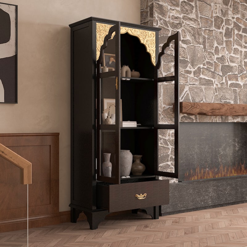 Oak Finish Fir Wood Wooden Curio Cabinet Display Storage Case Bathroom Cabinet Bookcase - 70.9"Hx31.5"W