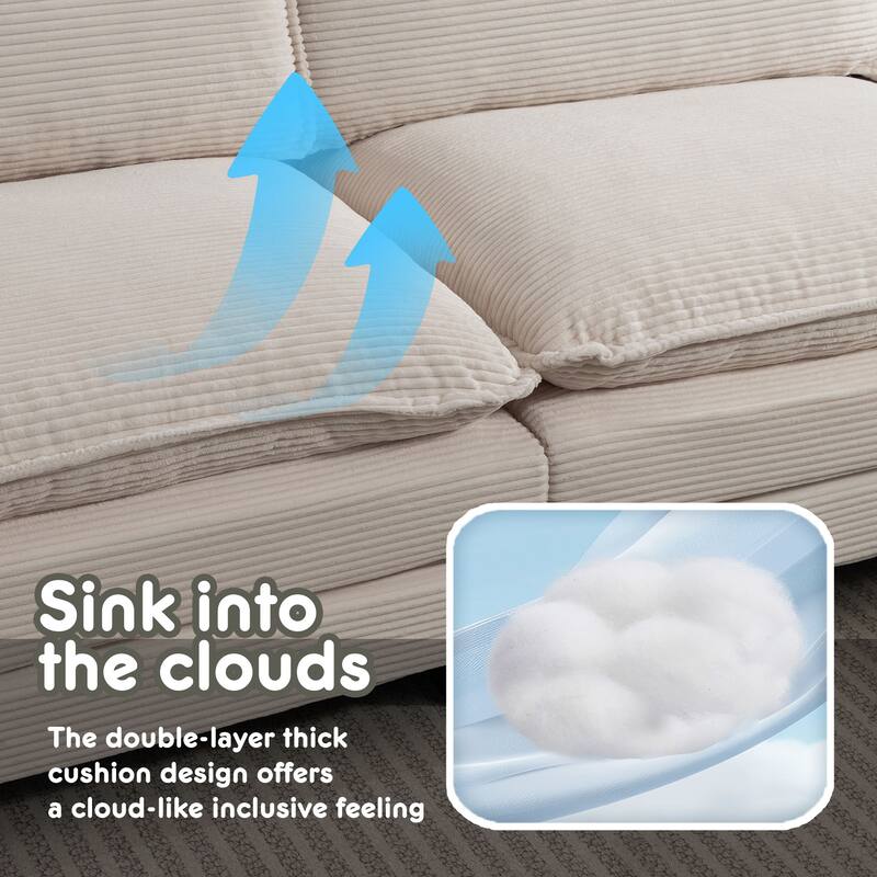 L-Shaped Modular Sectional Sofa with Ottoman, Oversized Corduroy Upholstered Cloud Couch with Cup Holders & Side Pockets