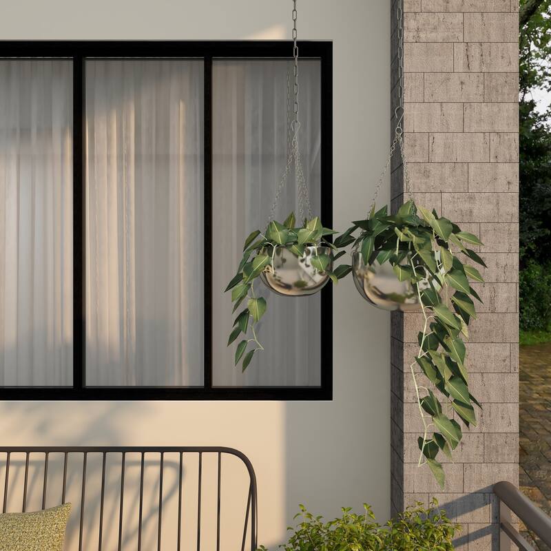 Black, Gold or Silver Metal Indoor Outdoor Hanging Dome Wall Planter with Chain (Set of 2)