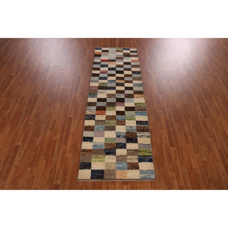 Checkered Moroccan Oriental Runner Rug Hand-Knotted Wool Carpet - 3'2" x 9'8"