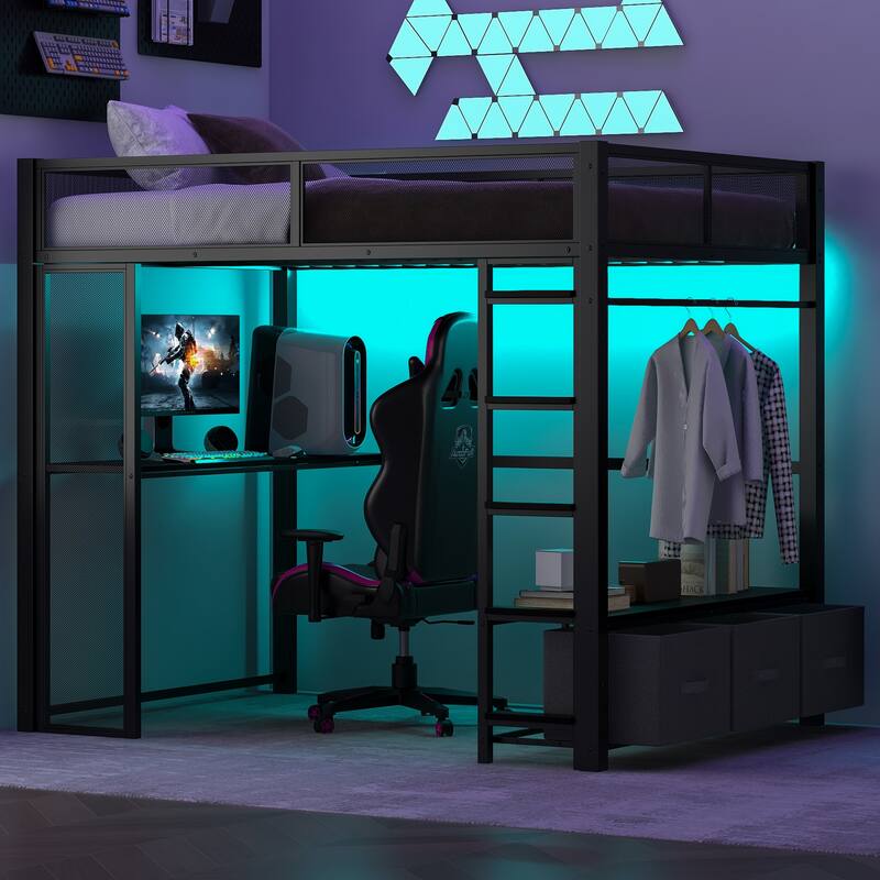 Full Size Black Metal Gaming Loft Bed with LED Lights, Built-in Desk, Wardrobe & 3 Storage Drawers