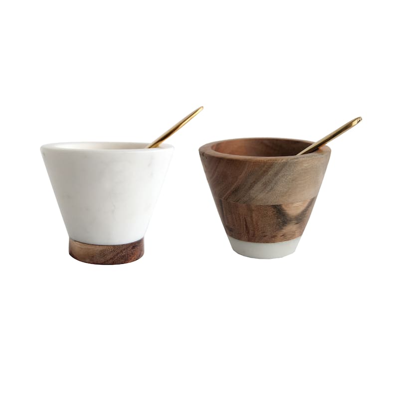 Marble and Mango Wood Pinch Pot with Spoon - 3.0"L x 3.0"W x 2.5"H - 3.0"L x 3.0"W x 2.5"H - Multi - 2 Piece
