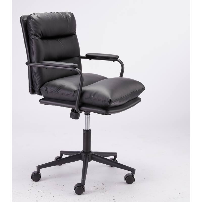 Black Mid Back Leather Office Chair with Arms and Wheels for Home Office