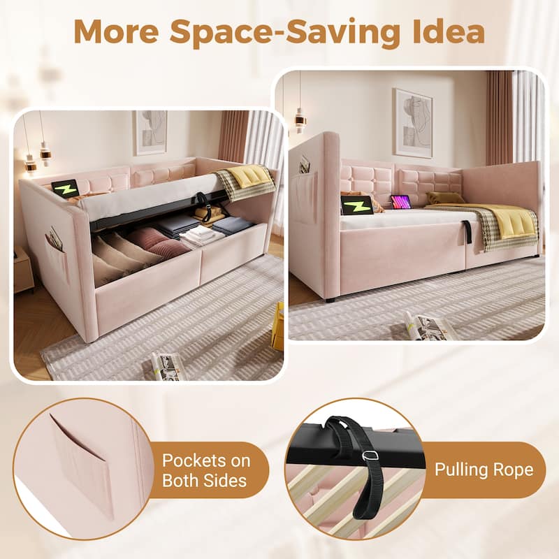 Upholstered Twin Daybed with Hydraulic Storage, USB & Type-C Charging, Velvet Frame with Wooden Slats