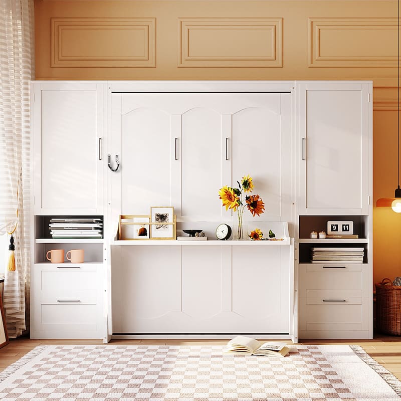 Full/Queen Size Horizontal Murphy Bed with Integrated Storage, Wood Wall Murphy Bed Frame with Closet, Drawers and Shelves - White - Full