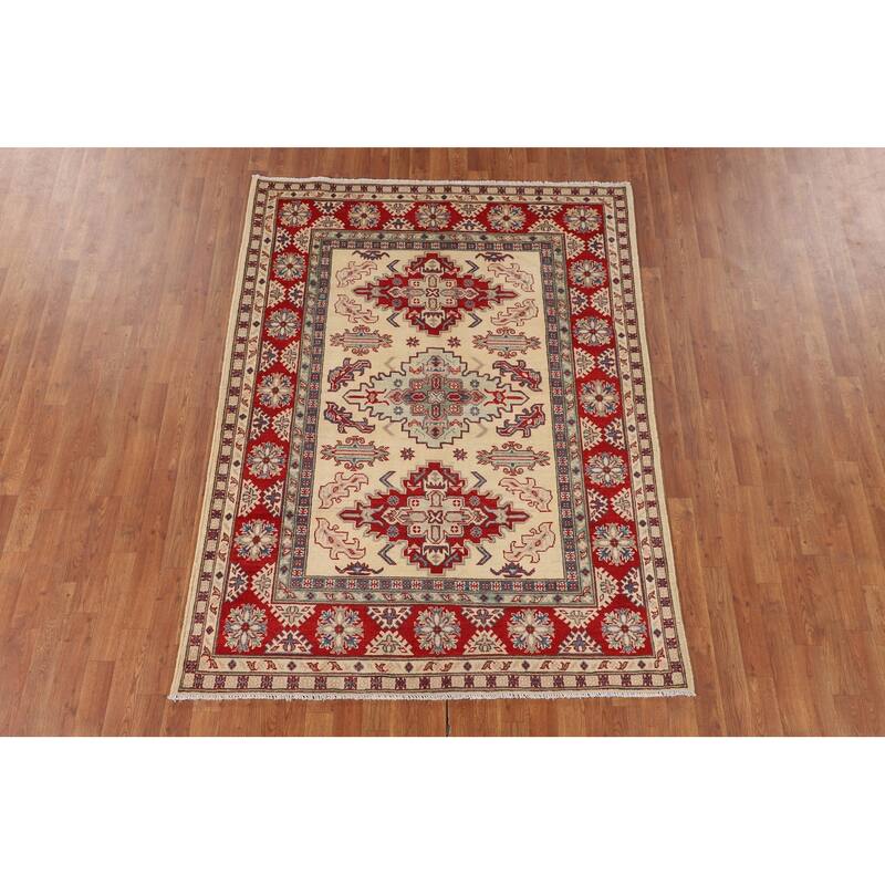 Beige / Ivory Kazak Area Rug Hand-Knotted Wool Carpet - 5'1" x 6'11"