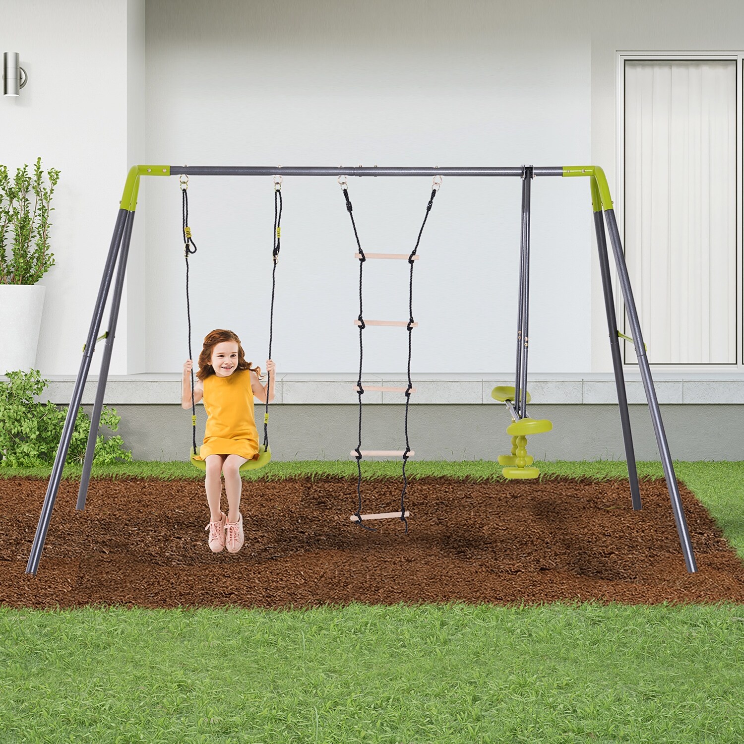 3 in 1 Kids Metal Swing Set for Backyard with Swing Seat - N