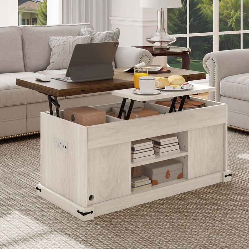 Moasis Farmhouse Lift-Top Coffee Table with Power Outlets, Center Dining Table with Hidden Storage - Off White