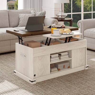 Moasis Farmhouse Lift-Top Coffee Table with Power Outlets, Center Dining Table with Hidden Storage