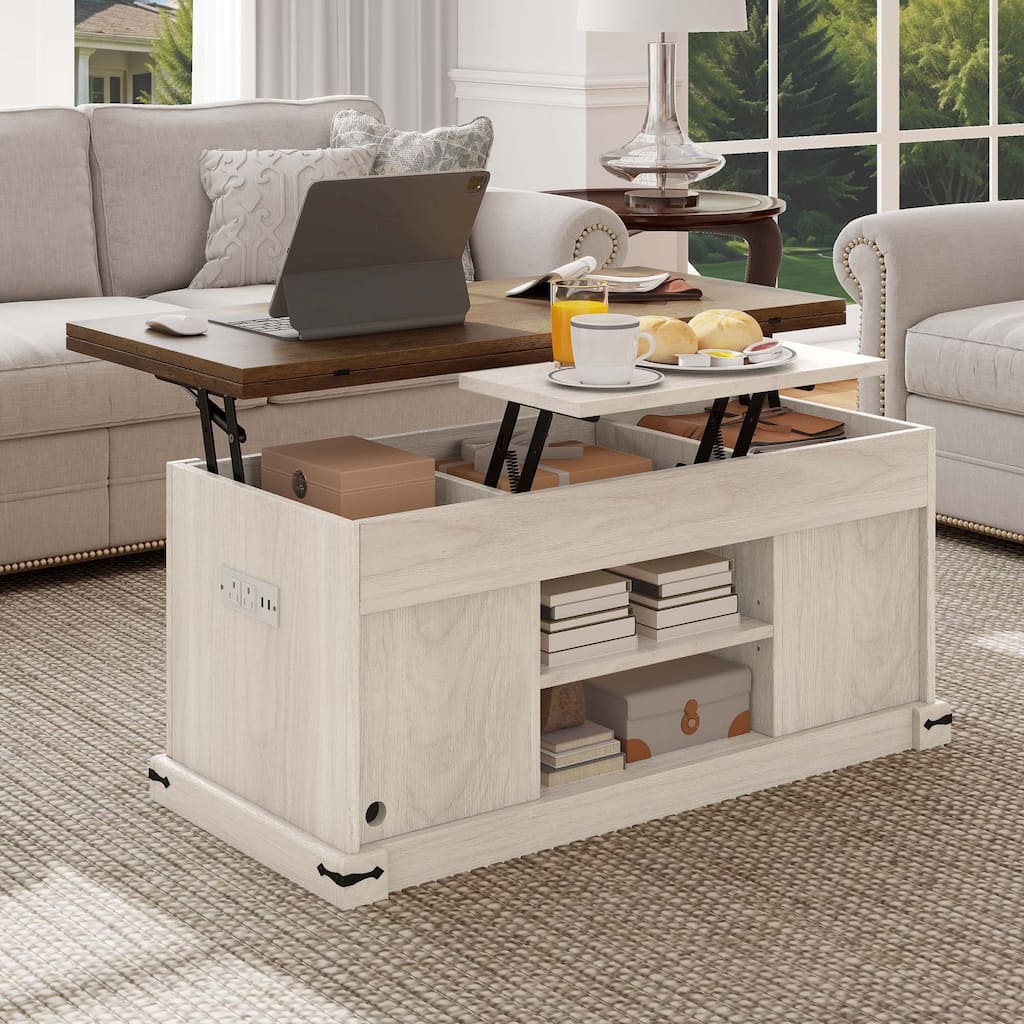 Moasis Farmhouse Lift-Top Coffee Table with Power Outlets, Center Dining Table with Hidden Storage