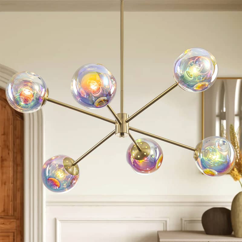 6-Light Modern Brass Iridescent Rainbow Glass Sputnik Chandelier for Dining Room - 6 Light