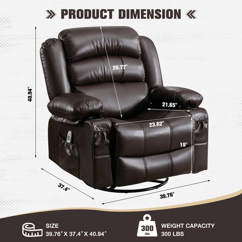 Recliner Chair with Massage & Heat, PU Leather Swivel Recliner, Electric Recliner with Side Pocket 2 Cup Holders & USB Port - Brown