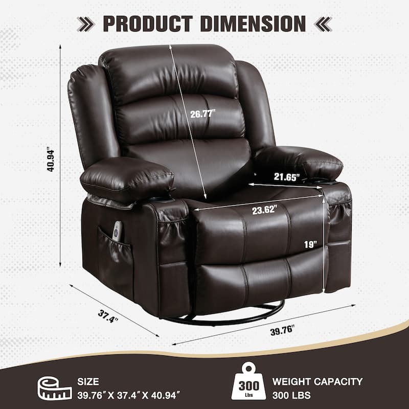 Swivel Recliner Chair with Massage & Heat, Single Sofa with Cup Holders & USB Charge Port, Ergonomic Lounge Sofa Chair