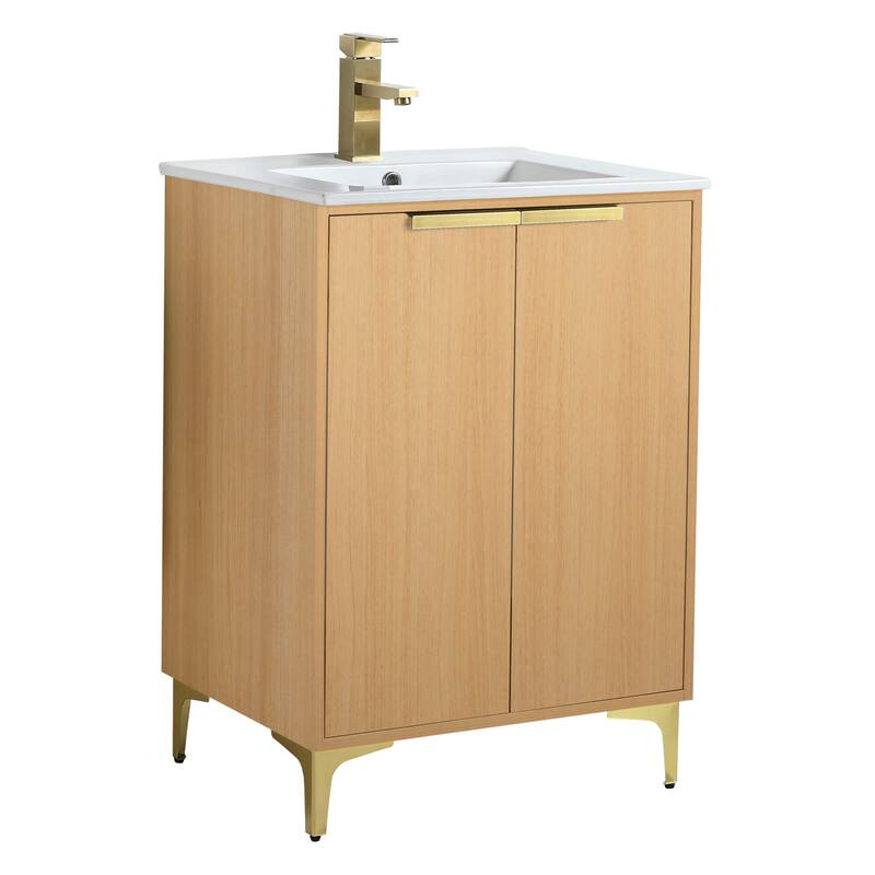 Fine Fixtures Wilmington Bathroom Vanity with White Ceramic Sink. - 24 Inch - Natural Oak - Satin Brass Hardware