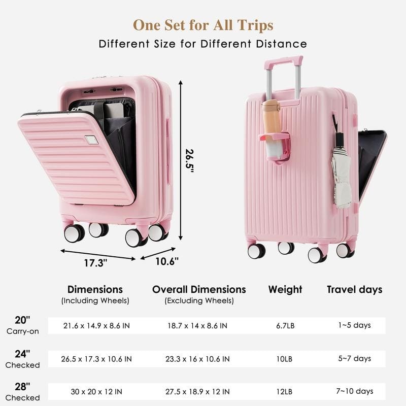 Front Opening 20-Inch Carry-On Luggage with Expandable Travel Bag Set