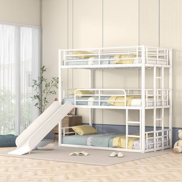 slide 2 of 9, Multi-functional Twin Size Metal Bunk Bed with Ladders and Slide, Divided into Platform and Loft Bed White