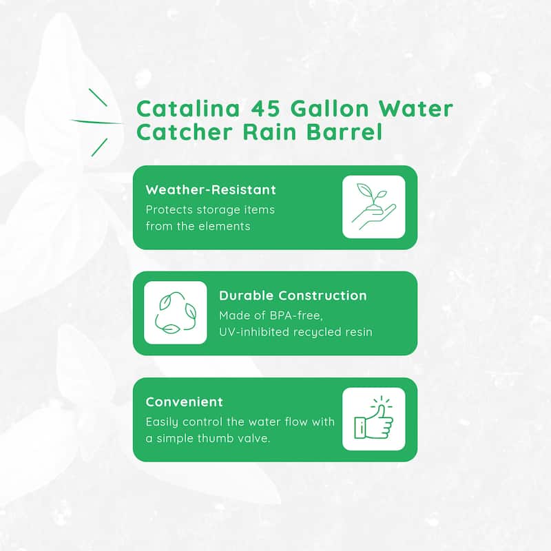 FCMP Outdoor Catalina 45 Gallon Water Catcher Rain Barrel w/ Flat Back, Black - 20
