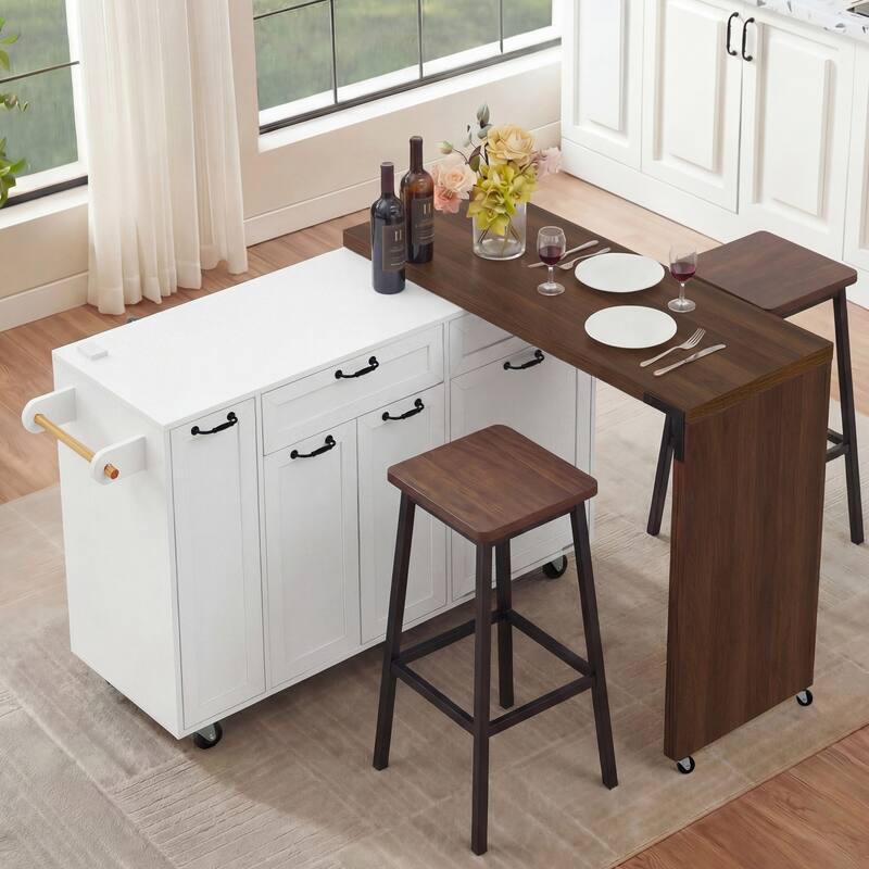 Mobile Kitchen Cart with Pull Out Dining Table Storage Drawers and Spice Rack - White
