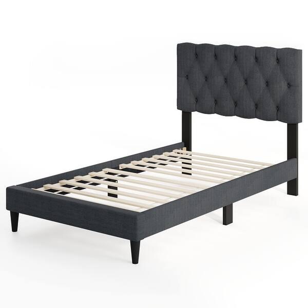 slide 2 of 6, Gray Faux Linen Twin Platform Bed Tufted Headboard Sturdy Frame