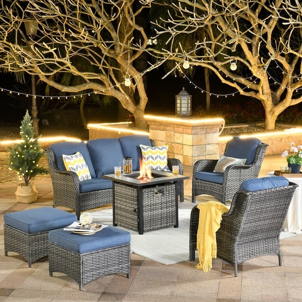 OVIOS Grey Wicker 6piece Patio Furniture Set With Fire Pit Bed Bath