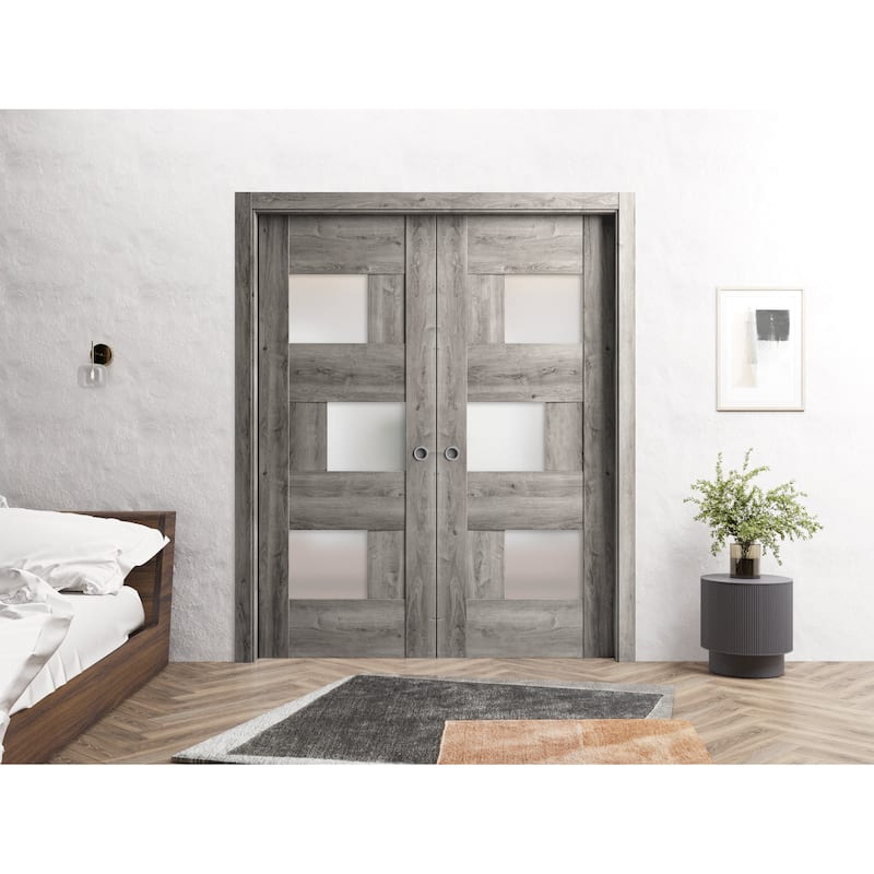 Sliding French Double Pocket Doors 36 x 80 inches | Sete 6933 Nebraska Grey with Frosted Glass