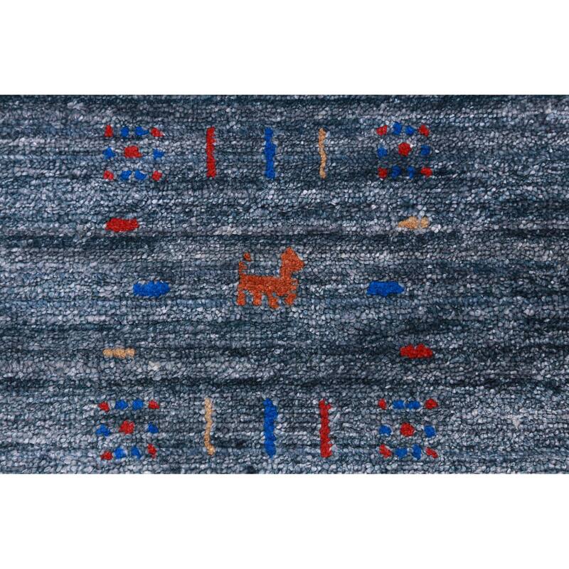Hand Knotted Oriental Viscose Silk Carpet Tribal Stripe Navy Blue & Blues Gabbeh Area Rug - 11' 5'' X 8' 7''