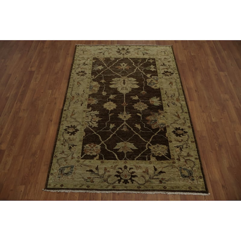 Hand Knotted Oriental 100% Wool Carpet Transitional Floral Brown Oushak Area Rug - 6' 0'' X 4' 1''