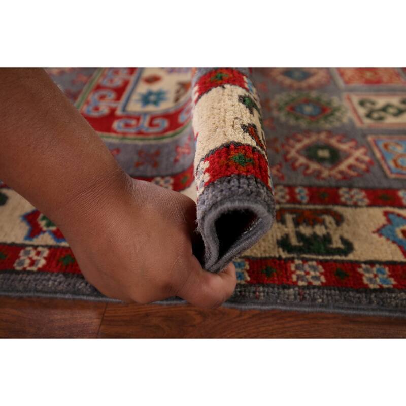 Geometric Grey Kazak Foyer Rug Hand-Knotted Wool Carpet - 2'8" x 3'11"